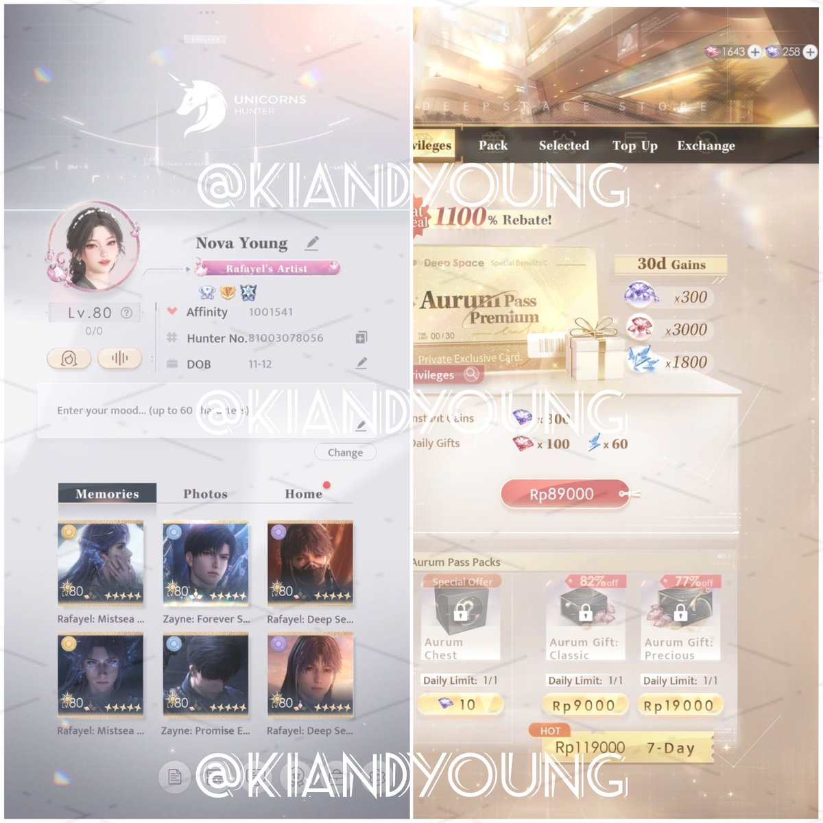KIANDYOUNG's tweet photo. WTS RAFAYEL FOCUSED LADS ACC ASIA SERVER -80
[♡ &amp; ↻are appreciate]

Rafayel 71/98 (72%) 
Aurum pass : - 
Crystal : 258
Dias : 2073

Rename card ❎
Evol appearance ✅

💸 IDR 650.000 (avail nego) 
Acc will still be played until it’s sold

More details below
#WTS #Rafayel #lads https://t.co/NhOvvxdm3m