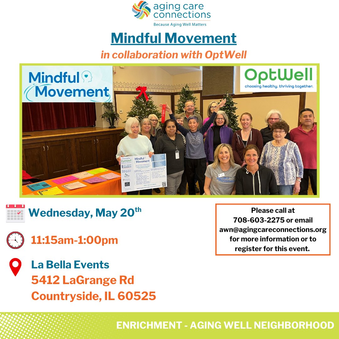 agingcareconns's tweet photo. We have 4 events this Wednesday!

Start your day with a calming walk and join us in Countryside after for a delicious lunch with a great presentation! 

If you are unable to make our Walking Club, consider joining our Mindful Movement session, in collaboration with OptWell. https://t.co/3oYfA57lKs