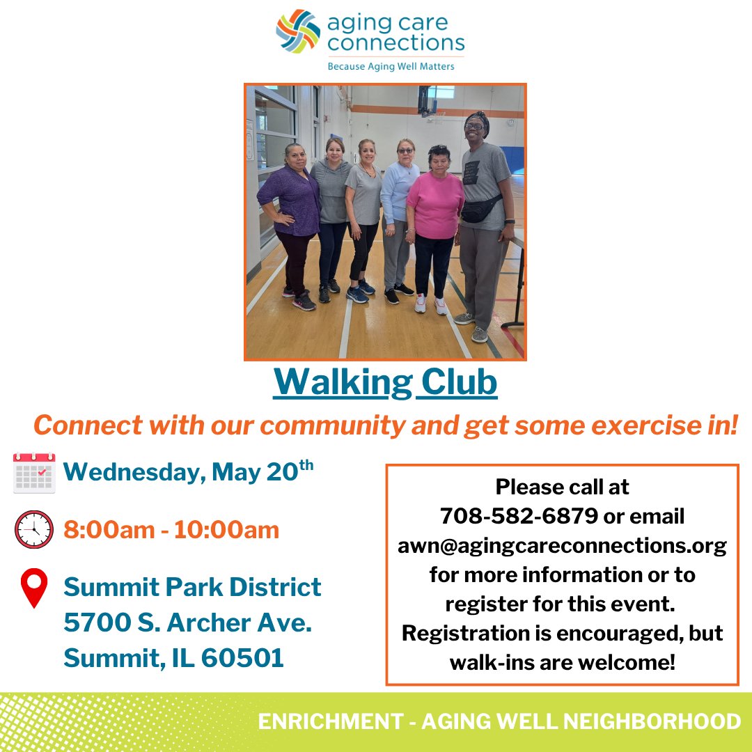 agingcareconns's tweet photo. We have 4 events this Wednesday!

Start your day with a calming walk and join us in Countryside after for a delicious lunch with a great presentation! 

If you are unable to make our Walking Club, consider joining our Mindful Movement session, in collaboration with OptWell. https://t.co/3oYfA57lKs