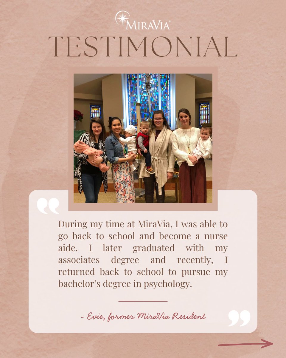 MiraViaLife's tweet photo. "I will forever be grateful for the people who supported me during my time at MiraVia. Thank you MiraVia for allowing me to go back to school and become a mom."
-Evie, former MiraVia Resident

#MiraViaLife https://t.co/uC7VIZ3lwv