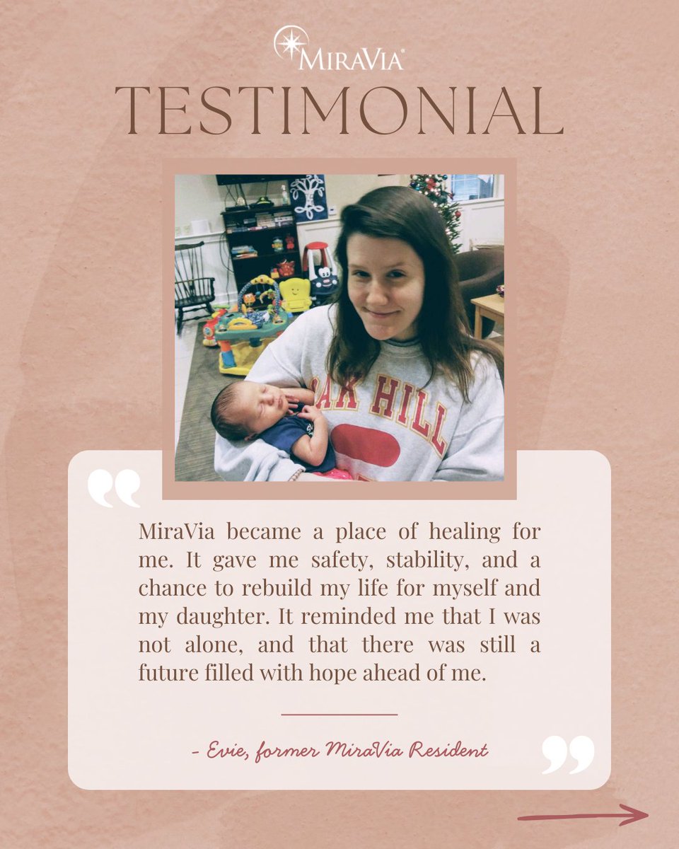 MiraViaLife's tweet photo. "I will forever be grateful for the people who supported me during my time at MiraVia. Thank you MiraVia for allowing me to go back to school and become a mom."
-Evie, former MiraVia Resident

#MiraViaLife https://t.co/uC7VIZ3lwv
