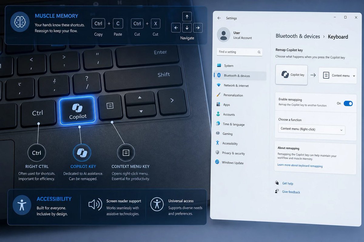windowsforum's tweet photo. 🤖 Microsoft finally lets you remap the Copilot key… to Right Ctrl or Context Menu. “Quietly conceding” is right. This matters because keyboards aren’t beta features. #Windows #Windows11 #Copilot
https://t.co/TA8VkIUVor
#Windows11 #CopilotKey #AiPc #KeyboardRemap https://t.co/VCt7bs1p4w