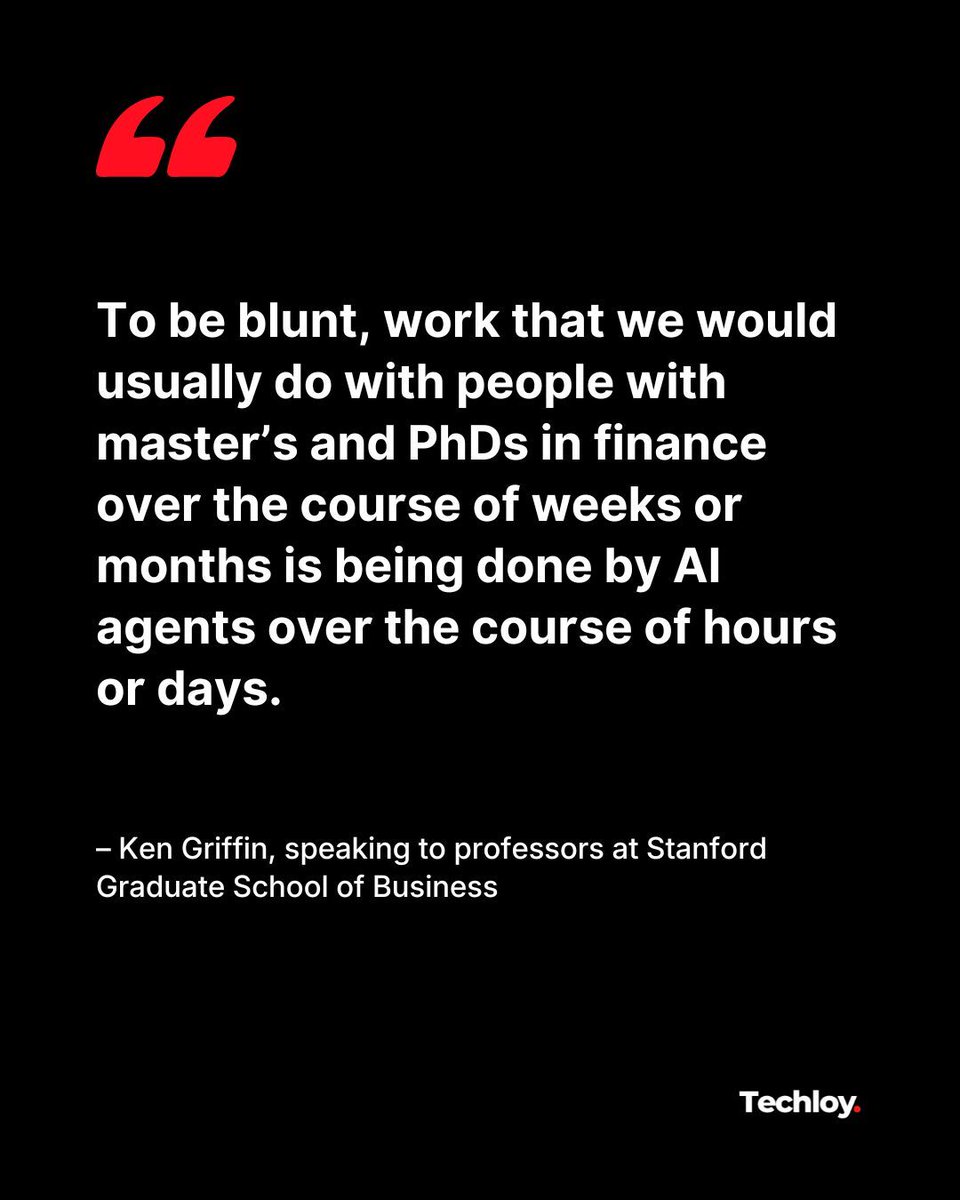 techloy's tweet photo. It looks like even some of AI’s biggest sceptics are starting to change their tune. After previously dismissing the technology as overhyped.

Citadel CEO Ken Griffin now says AI has become powerful enough to handle work once reserved for highly trained finance professionals.

Check out the full story via the link in bio!
#citadel #AI #siliconvalley #tech