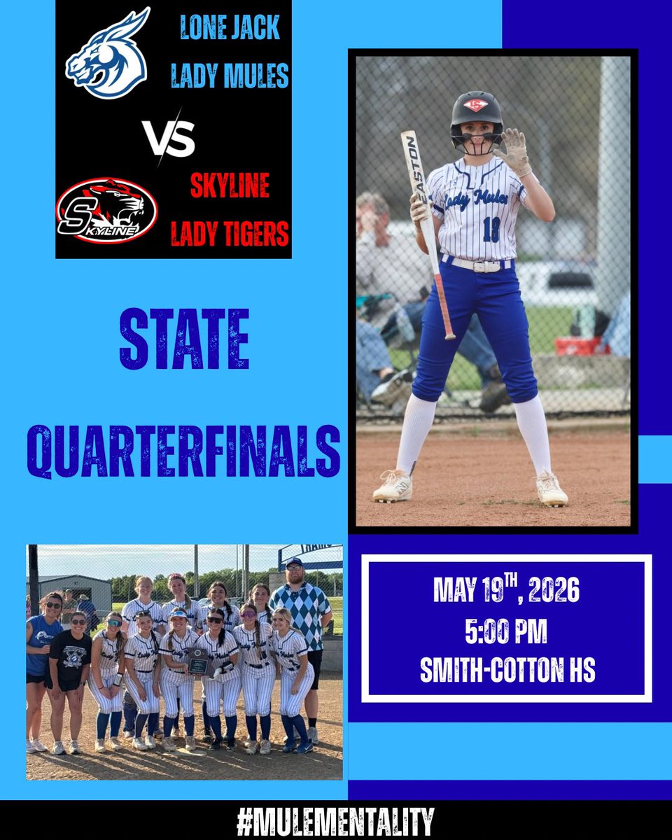 LJC6Softball's tweet photo. State Quarterfinal venue change due to rain and field conditions.
🆚#1 Skyline (28-1)
📅May 19th
⏰5:00 PM
📍Smith-Cotton High School (Sedalia, MO)

#MuleMentality🤘 https://t.co/tbCgEwlJMW