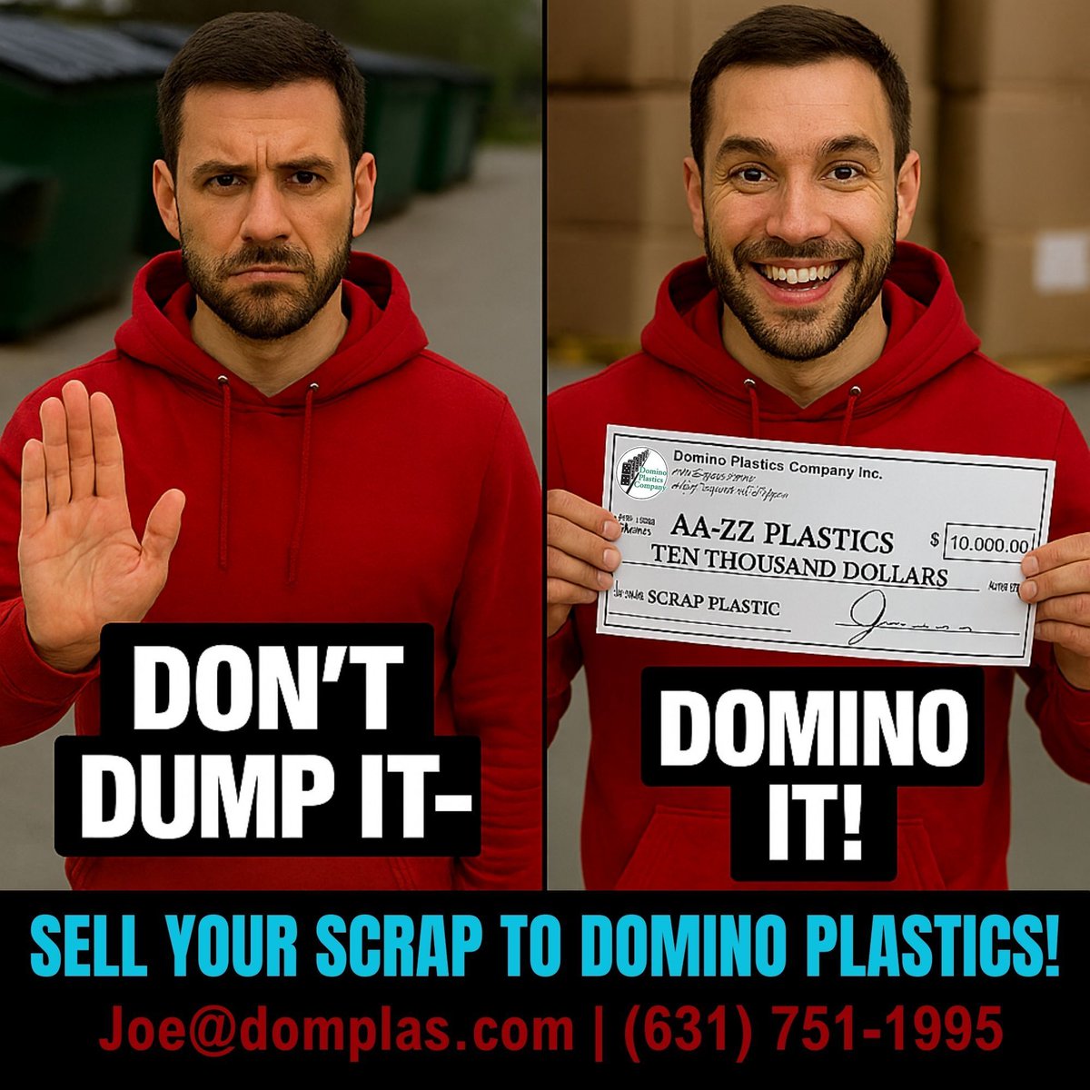 Domplas's tweet photo. Don’t dump it—Domino it! Transform your surplus plastic scrap from a warehouse headache into a new revenue stream. At Domino Plastics, we’ve been the trusted partner for manufacturers in all sectors since 1984. Joe@domplas.com, (631) 751-1995, https://t.co/k5uUkJPeEg https://t.co/abd2VizDgE