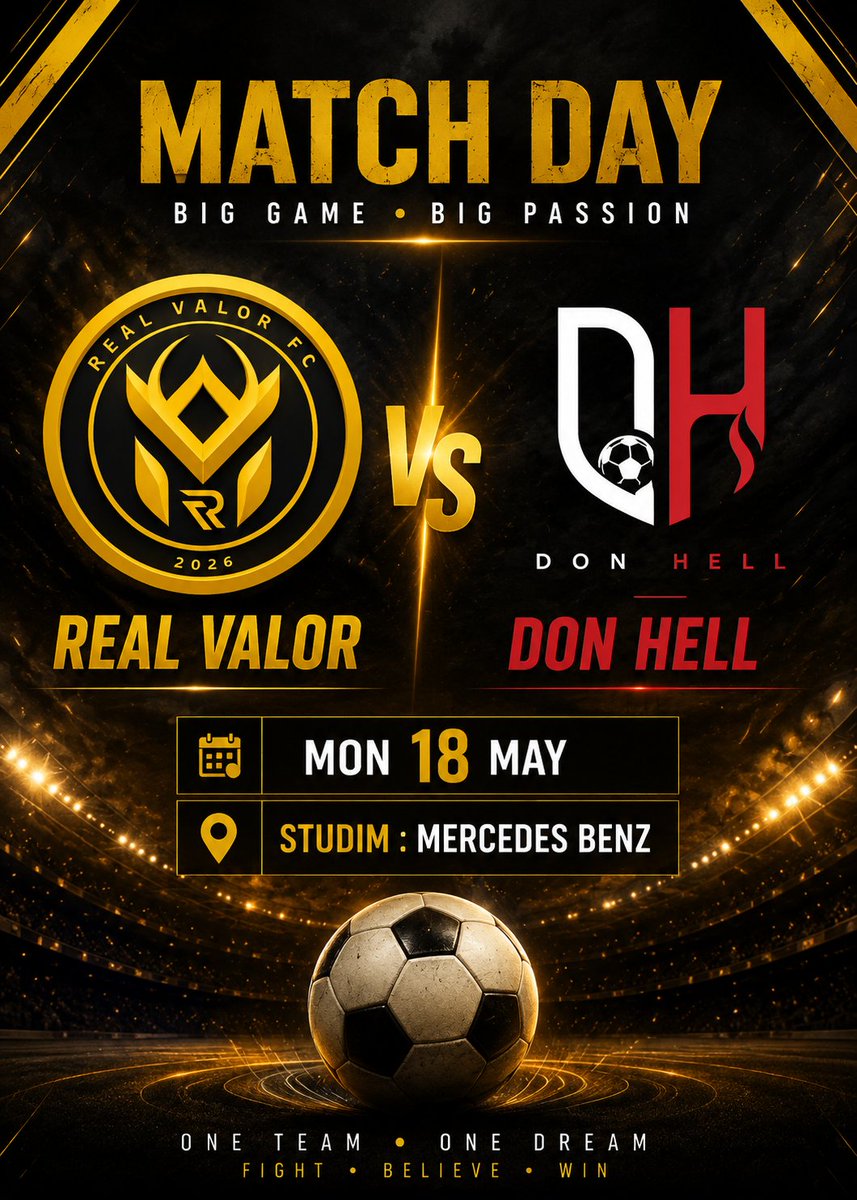RealValorFc's tweet photo. It's MATCH DAY! 👏
​🏆 @TopChampion_
Real Valor vs Don hell
​​⏰ Kickoff : 11:00 PM
🗓️ 18 May , 2026

@ChampionsAFC_ https://t.co/pZoBWQXjSZ
