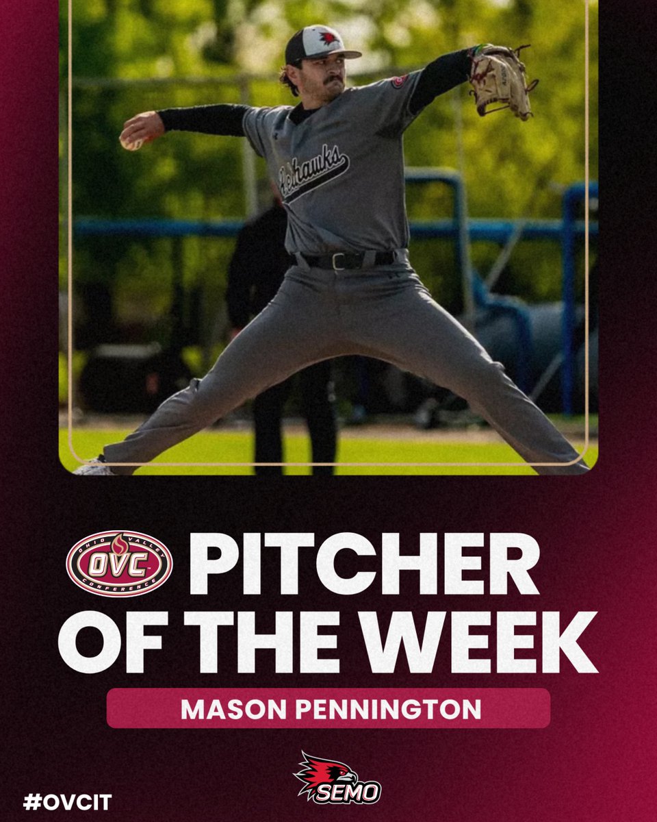 OVCSports's tweet photo. He allowed 2️⃣ hits and 0️⃣ runs over 6.2 innings in a win over Little Rock on Thursday.

@SEMOBaseball senior @Mason16__ is the 𝗢𝗩𝗖 𝗕𝗮𝘀𝗲𝗯𝗮𝗹𝗹 ⚾ 𝗣𝗶𝘁𝗰𝗵𝗲𝗿 𝗼𝗳 𝘁𝗵𝗲 𝗪𝗲𝗲𝗸.
 
#OVCit | #FeelinRowdy https://t.co/Iecp1xNGHx