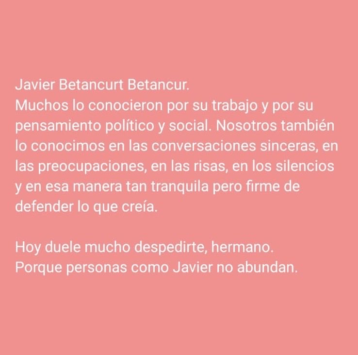 DMejia20's tweet photo. Saber que descansa no es suficiente consuelo cuando de un amigo se trata 

Ha partido nuestro amigo y hermano. “El de la cabeza más brillante”, como le bromeaba. 

Cuanta vida, viajes, ocurrencias, humor al estilo Javi.

Descansa en Paz
Abrazo a su familia

“Como Armando dijo”👇🏾 https://t.co/FJDzlBIglr