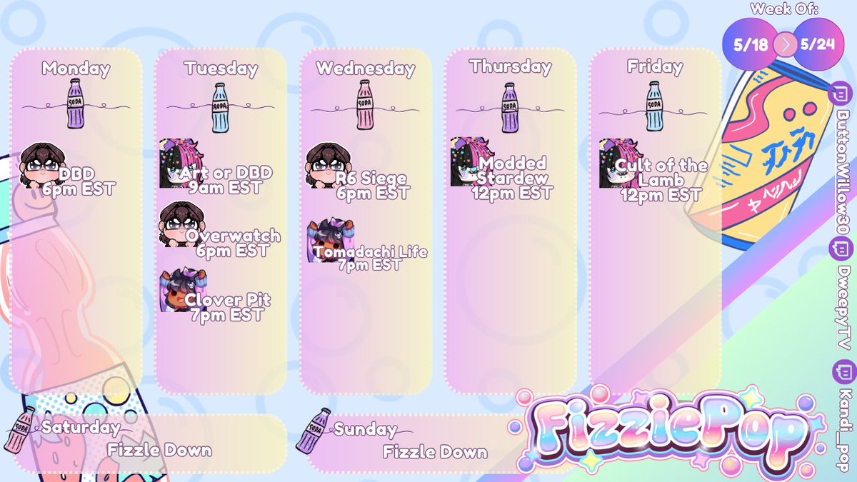 FizziePopVT's tweet photo. 【🫧  Weekly Schedule 🫧】 

Dweepy 💜🖤
Tue 7pm + Wed 7pm
https://t.co/DX9kcGMcOG 

Bunny 🐰🍋
Mon 6pm + Tue 6pm + Wed 6pm
https://t.co/LXbrRRNYCd 

Kandi ✨🦇
Tue 9am + Thu 12pm + Fri 12pm
https://t.co/HHGdGhnJmO https://t.co/a9Qm9mGpt9