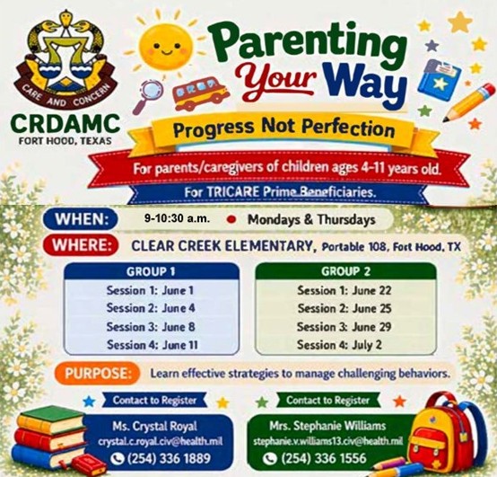 CRDAMC's tweet photo. Parenting isn't about perfection — it's about progress.
Parenting Your Way helps parents/caregivers of children ages 4–11 learn strategies for managing behaviors.

Open to TRICARE Prime beneficiaries.
📍Fort Hood
Don't wait — classes fill up fast.
Dates are in the flyer.
#CRDAMC https://t.co/sL9m5GkJu9