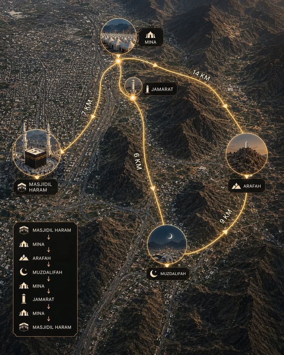 Cool_Ustaz's tweet photo. Hajj Journey Map ♥️
The image shows the sequence and distances of the Hajj rituals: Masjid al-Haram → Mina → Arafat → Muzdalifah → Mina (Jamarat) → Masjid al-Haram. https://t.co/97Q2TrzFQ8