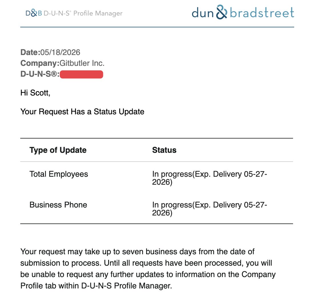 chacon's tweet photo. @gitbutler @digicert lol, speaking of which, what kind of an insane hustle is this DUNS bullshit? 7 business days to update a phone number in what must presumably be a SQL database? What is the logic in how Windows thinks it provides security for signed executables this way? https://t.co/xio97mxKWm