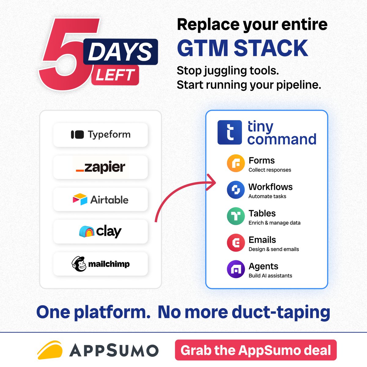 tinycommand's tweet photo. 5 days left on @AppSumo 
TinyCommand replaces Typeform + Clay + Zapier + Airtable + Mailchimp + Relevance AI.
One platform. One price. $79 lifetime.
4.55 ⭐ 
https://t.co/BreLk1fM2X
All it takes is a TinyCommand. https://t.co/N13P7eDM1f