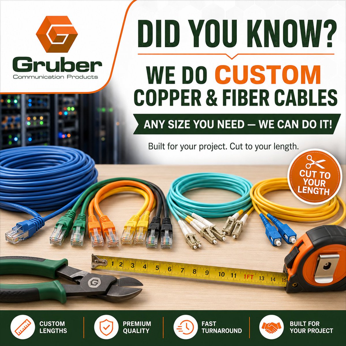 GruberComm's tweet photo. Need custom copper or fiber cables? Gruber Communications can cut cables to the size your project needs โ built for your setup, your length, and your timeline.
https://t.co/H5eSlJeskF
#GruberCommunications #CustomCables #FiberOptic #CopperCables #NetworkCabling #DataCenter #Telecom
