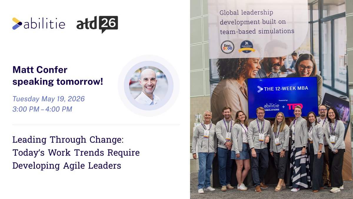 abilitiesims's tweet photo. Live from #ATD26! Visit Abilitie at Booth #1900 by the main entrance for hands-on Case Challenges demos and practice-based leadership development.

Tomorrow, join CSO Matt Confer at 3 PM for “Leading Through Change.”

See you on the expo floor👋! https://t.co/XdNGrVMKVh