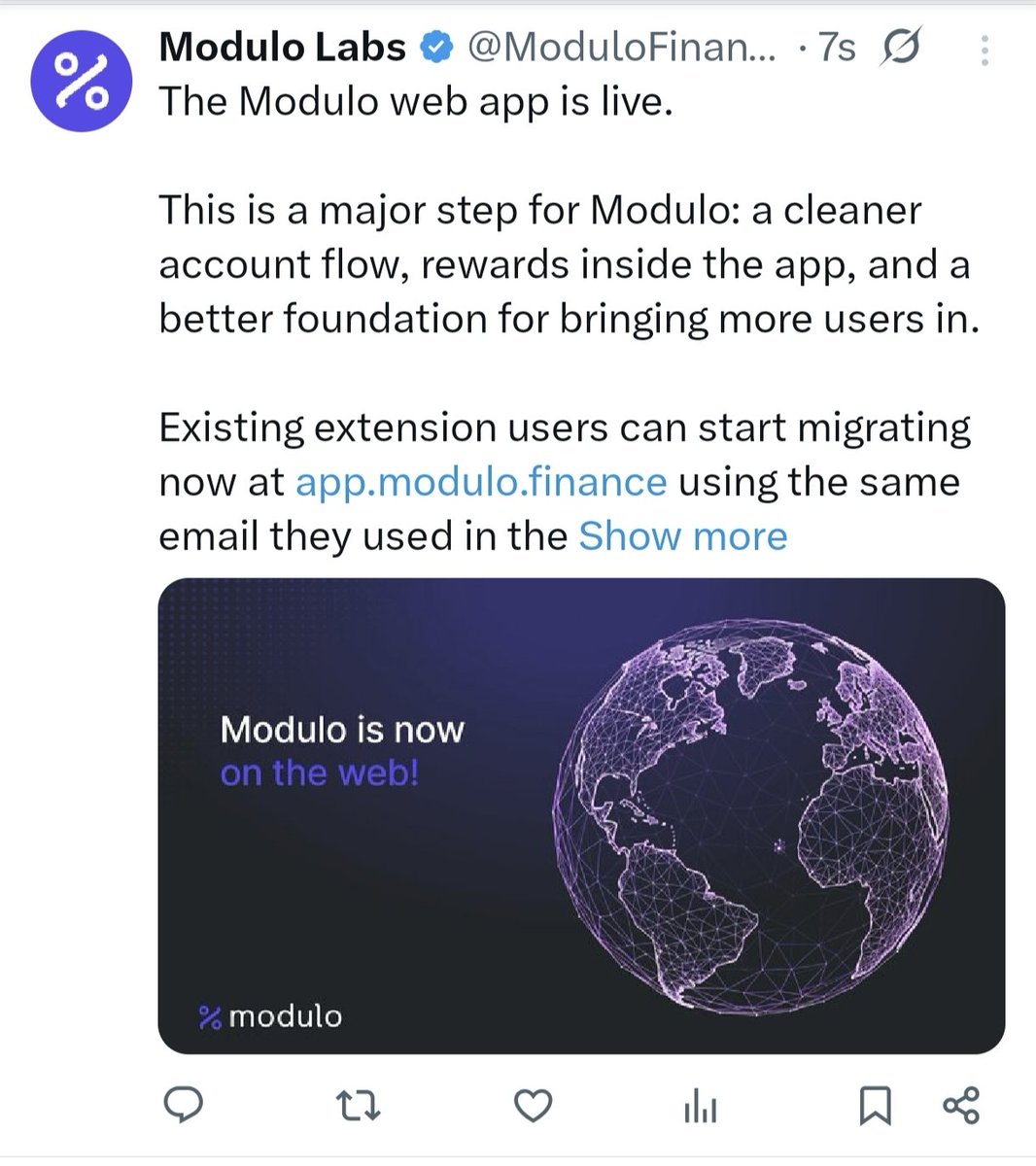 NiSHaLKiTeCH's tweet photo. 🚨 Modulo Web App is Finally LIVE 👀

Existing extension users can now migrate using the same email & access rewards directly inside the app 🎁

💰 Current rewards already showing in dashboard
🌐 Web version launched officially
⚡ More onboarding coming soon

Looks like early users may get rewarded well later 👀

Access: https://t.co/1U3h446h6r