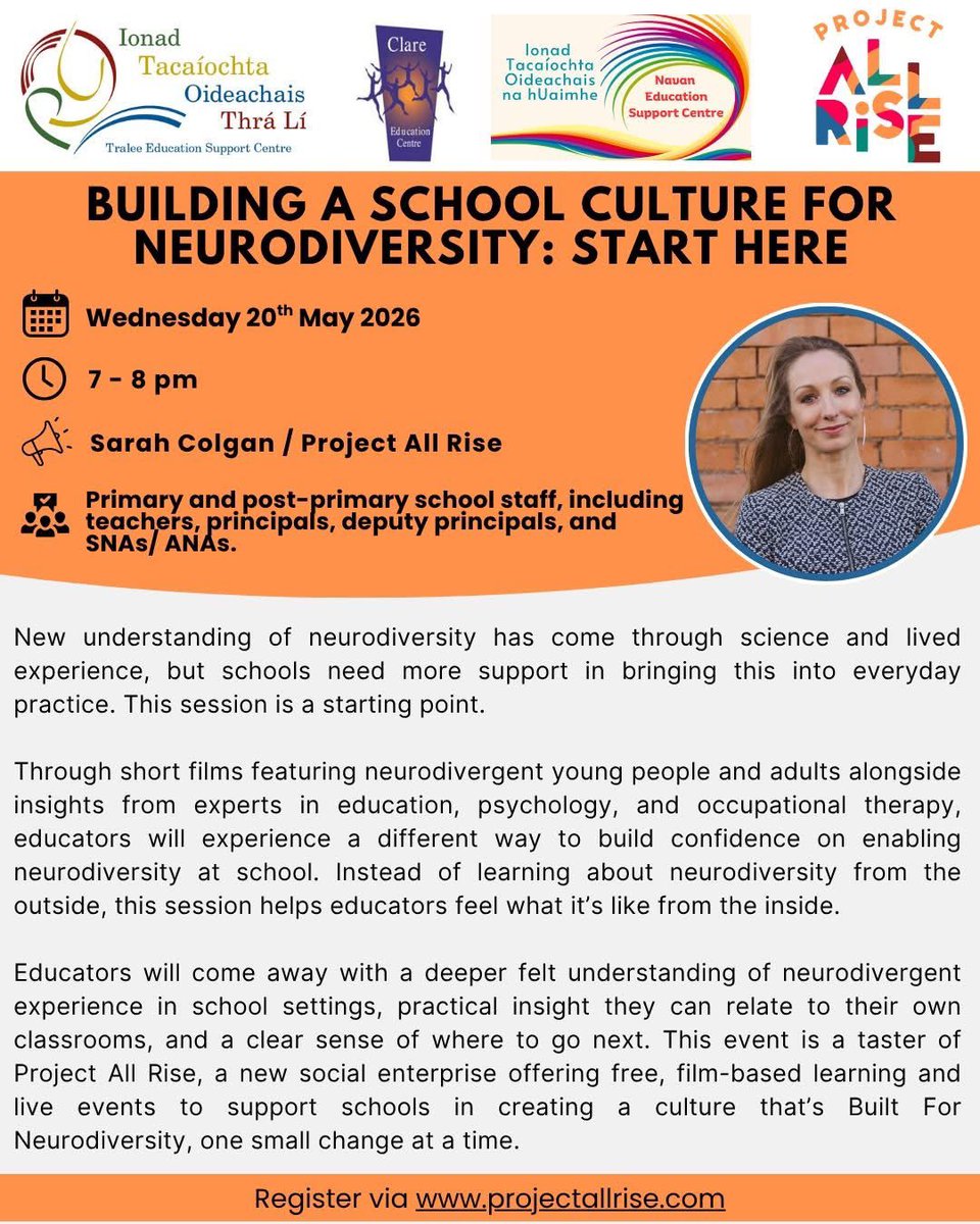 TraleeESC's tweet photo. 📚 Building a School Culture for Neurodiversity: Start Here

🗓 Date: Wednesday, 20th May 2026
⏰ Time: 7.00 – 8.00 pm
💻 Venue: Online via Zoom

👩‍🏫  Primary and post-primary school staff, including teachers, principals, deputy principals, and SNAs

🔗 https://t.co/kvDCL1Dedn https://t.co/7b7W8StEs8