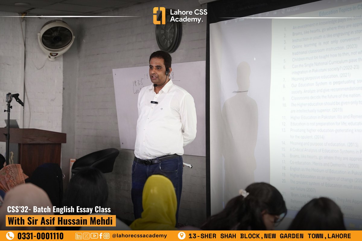 lahore_css's tweet photo. CSS Batch-32 English Essay Class with Sir Asif Hussain

📞 Contact: 0331 0001110
📍 Venue: 13-Sher Shah Block, New Garden Town, Barkat Market, Lahore CSS Academy

#CSSBatch32 #EnglishEssayClass #CSSEssay #SirAsifHussain #LahoreCSSAcademy  #EssayWriting #CSSExam #FPSC https://t.co/XBYQMZWzjx