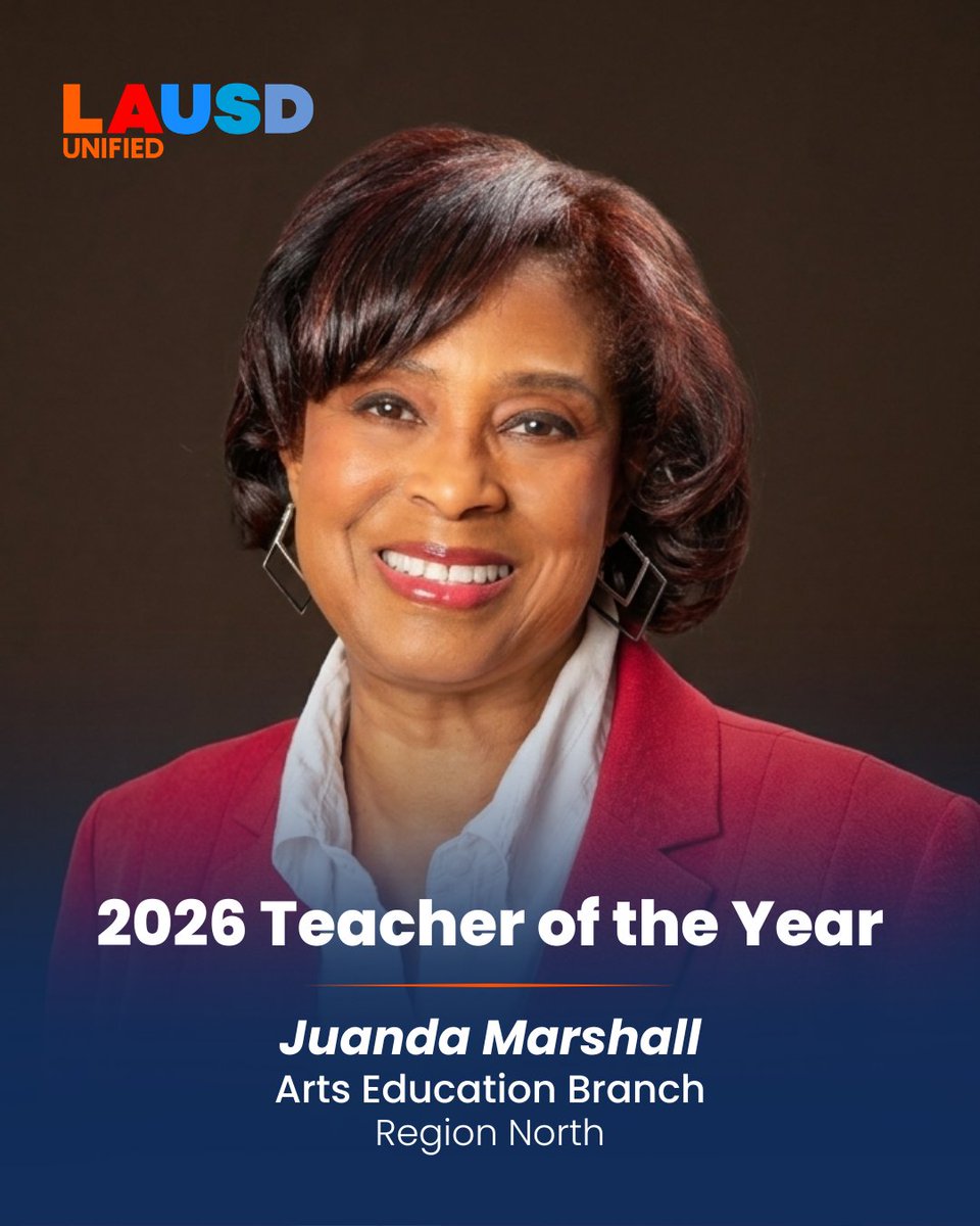 LAUSDHR's tweet photo. ✨2026 Teachers of the Year✨

Join us in honoring and recognizing Juanda Marshall from the Arts Education Branch as a Teacher of the Year honoree. 💙🍎

Thank you for all you do to encourage, support, and inspire others! 🏫 #TeacheroftheYear #LAUSD #InspiringGreatness https://t.co/Jfp9T83Klb