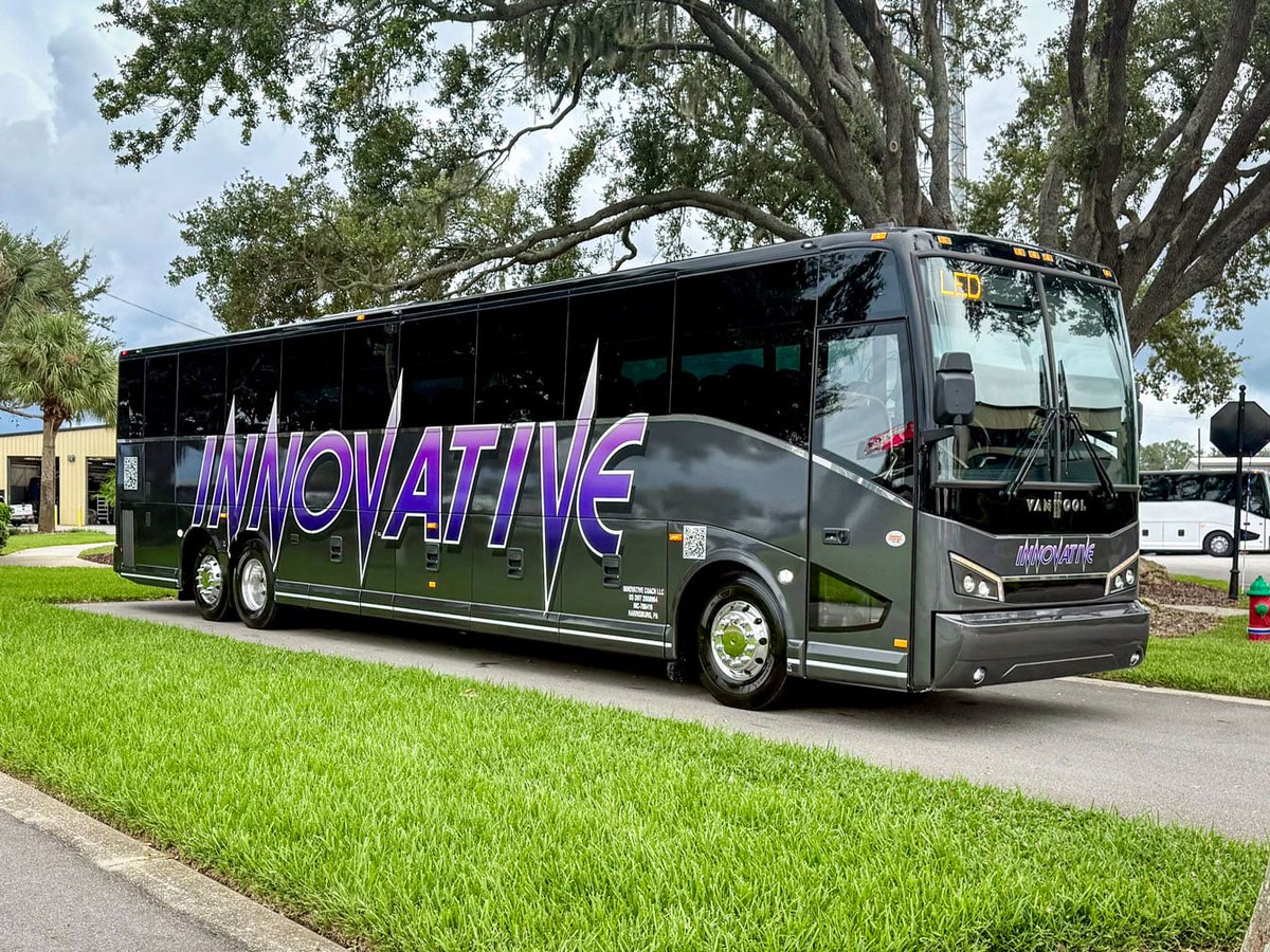 ABC_Companies's tweet photo. #MotorcoachMonday 🚌

@Innovativecoach adds three new Van Hool CX45 to its lineup.

Features:
· Custom paint and graphics by ABC
· Six monitors
· USB-C and USB-A outlets
· Enclosed parcel racks

Designed to keep passengers comfortable and journeys seamless. https://t.co/DryPTqzIak