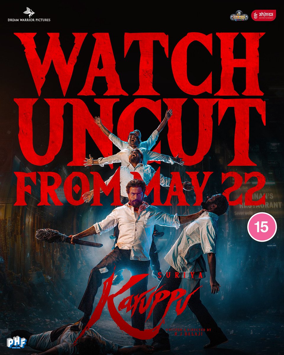 ahimsafilms's tweet photo. May 22 (Friday) onwards, #Karuppu in UK cinemas — 15 age rating, UNCUT, full experience. No children allowed. 

Tickets ON SALE TONIGHT. Let's run it back, louder than the first time 🥵🧨

@Suriya_offl @RJ_Balaji @SaiAbhyankkar @trishtrashers @prabhu_sr @DreamWarriorpic @boleyncinemauk @PharsFilm @vithurs_