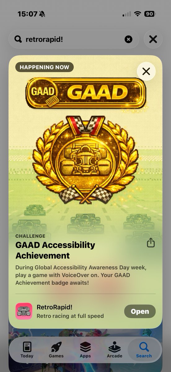 dadederk's tweet photo. It's Global Accessibility Awareness Day (GAAD) week!

To celebrate, RetroRapid! has a limited-time achievement you won't want to miss. Play a round with VoiceOver enabled and you'll earn the exclusive GAAD badge for your collection. But only this week!

#GAAD #RetroRapid https://t.co/vhifWWar9A
