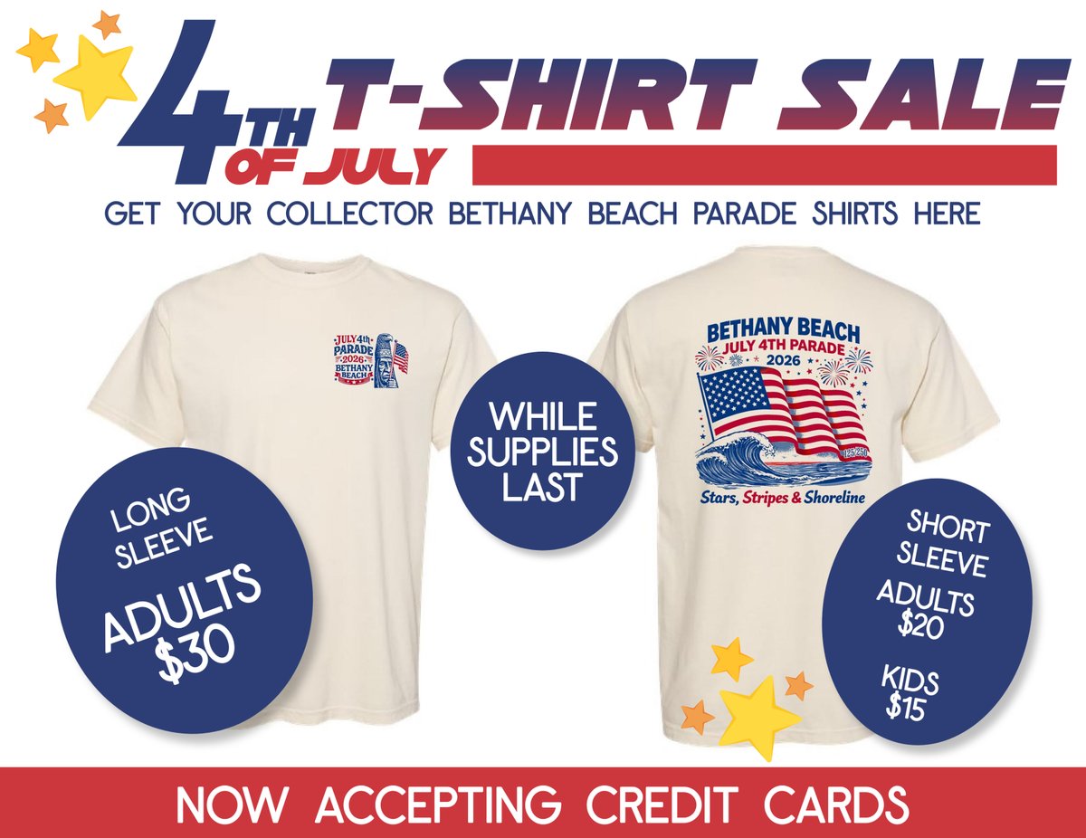 bethanybeachfun's tweet photo. The iconic, legendary, ultra-patriotic official Town of Bethany Beach July 4th t-shirt goes on sale for the first time this season tonight! Look for vendors at every show now until the 4th of July! We have toddler sizes and ladies’ v-necks available again this year! https://t.co/OX0tJENHVi
