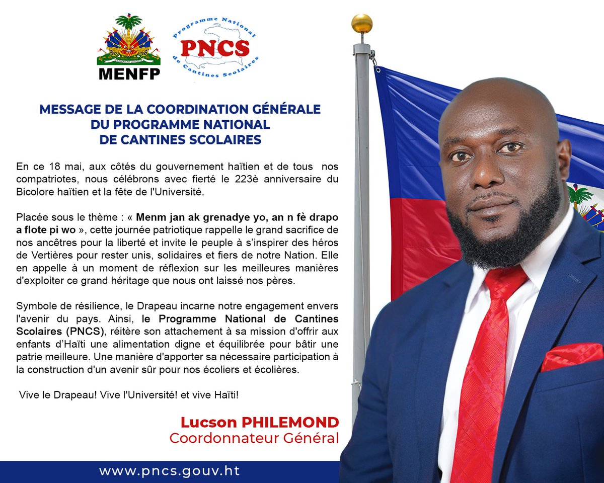 PNCSHT's tweet photo. Message du Coordonnateur Général du PNCS,  M. Lucson Philémond,  à l'occasion du 223e anniversaire du Drapeau Haïtien de la fête de l'université. https://t.co/9nXc9CfZqi