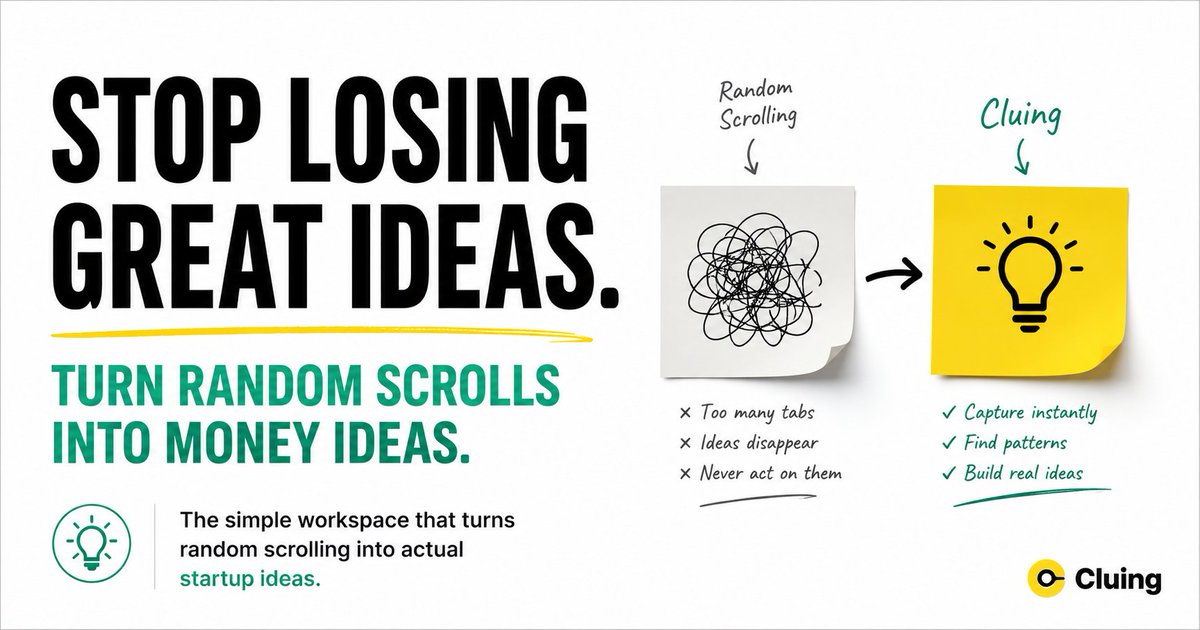 Sahin_OG's tweet photo. I used to “save” good ideas in 10 different places.
Result: I built nothing.

So I gave Cluing 1 week as my research workspace.
Now every money idea I find has somewhere to go. https://t.co/HaFTyQI0LC
