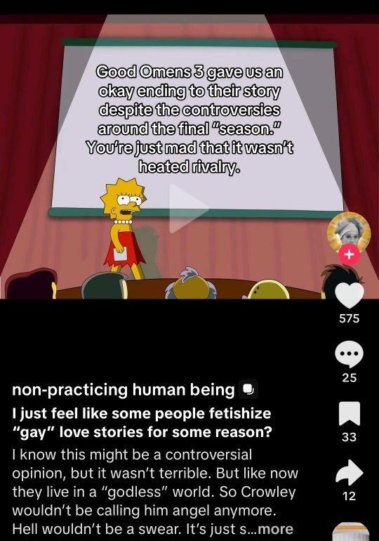 darkwillowz's tweet photo. So tired of ppl insulting us by cheapening our love for GOmens as just wanting smut. This only happens with queer stories. You never see these takes w/ cishet stories

We were yerning to see A&amp;C hug or say I love you...not doing it crazy style in the back of the Bentley like wtf https://t.co/RCqfuqjDm2