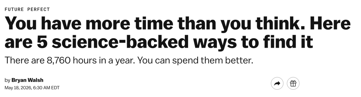 bryanrwalsh's tweet photo. Americans are convinced they're more overworked and overscheduled than ever. They're wrong — and the data is pretty clear about it.

My latest Good News for @voxdotcom  piece: you have more time than you think. Here's how to find it. https://t.co/sWWfChKLuy