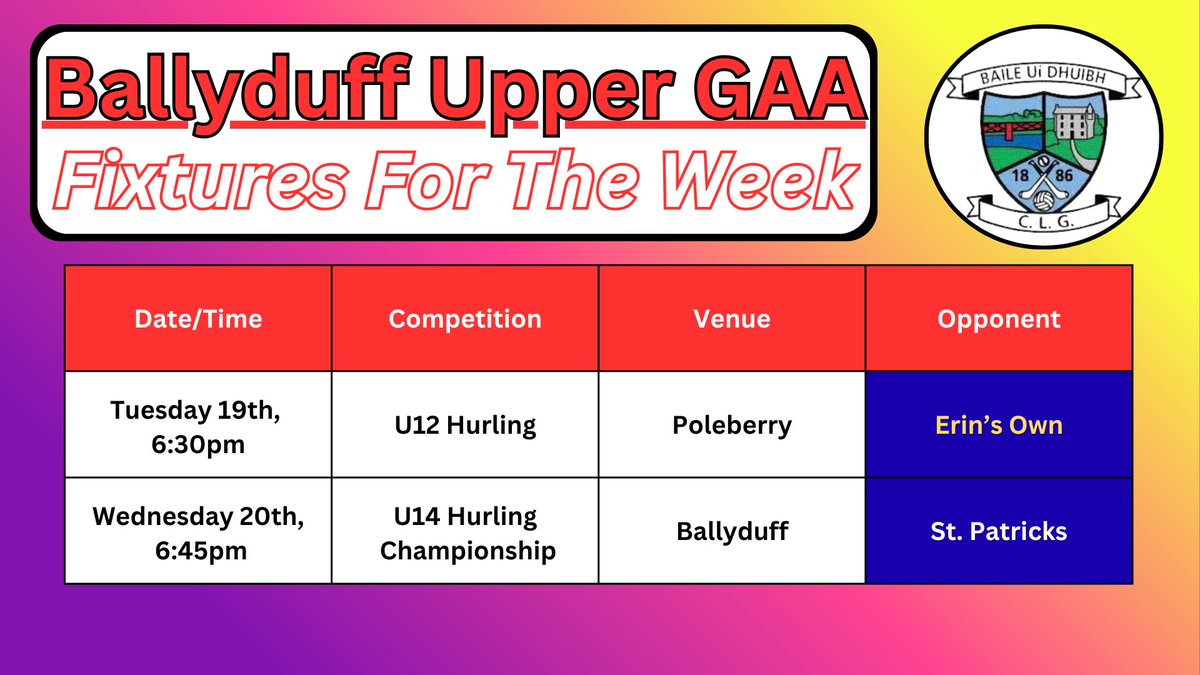 BallyduffUpper's tweet photo. Fixtures for this week https://t.co/zup0zLWMDZ