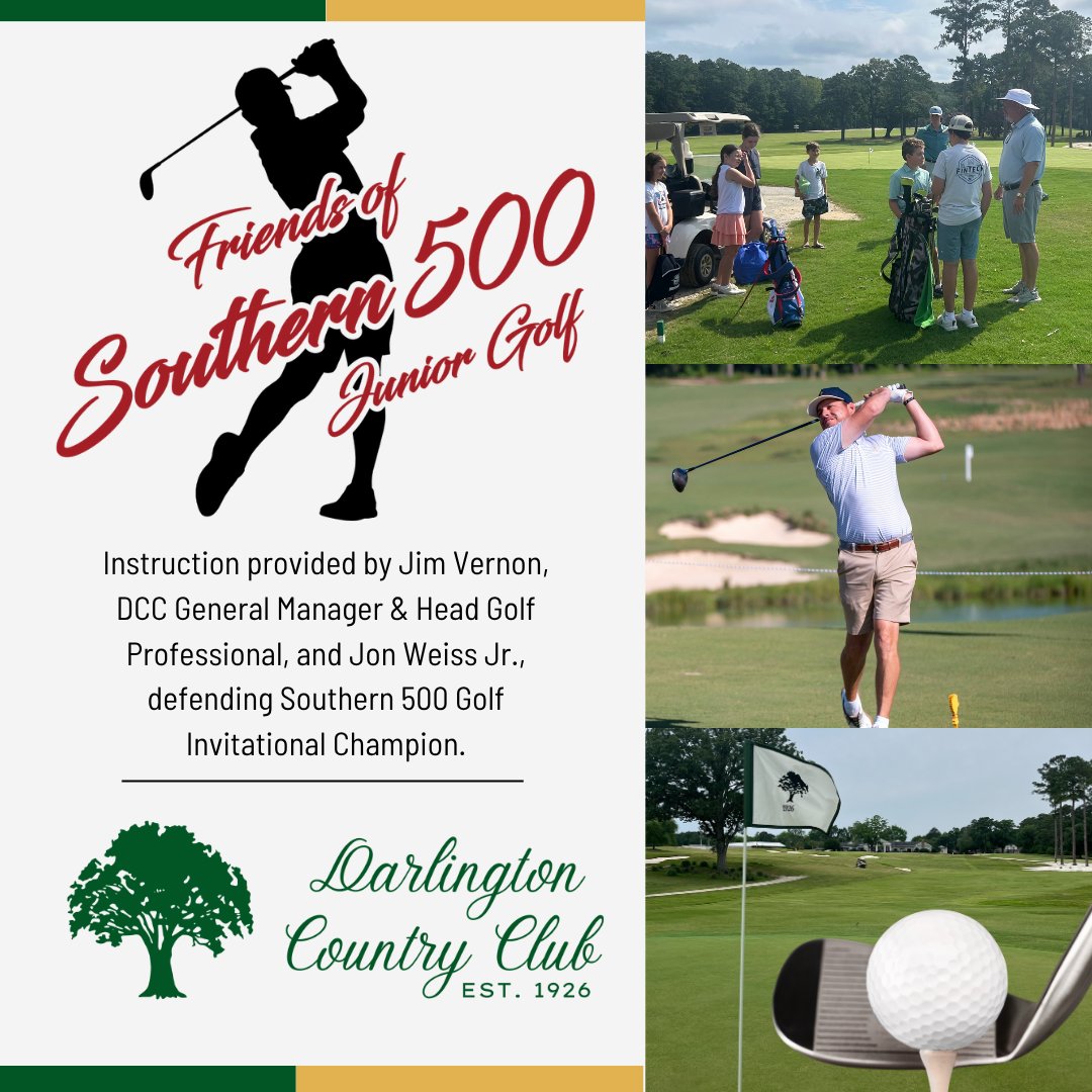 DarlingtonCC_SC's tweet photo. Attention area youth. Join us every Monday, June 1 – August 31 from 4–7 PM for junior golf clinics led by Jim Vernon, DCC General Manager &amp; Head Golf Professional, and Jon Weiss Jr., defending Southern 500 Golf Invitational Champion.

Open to boys and girls ages 12–18 https://t.co/WLq56900pc