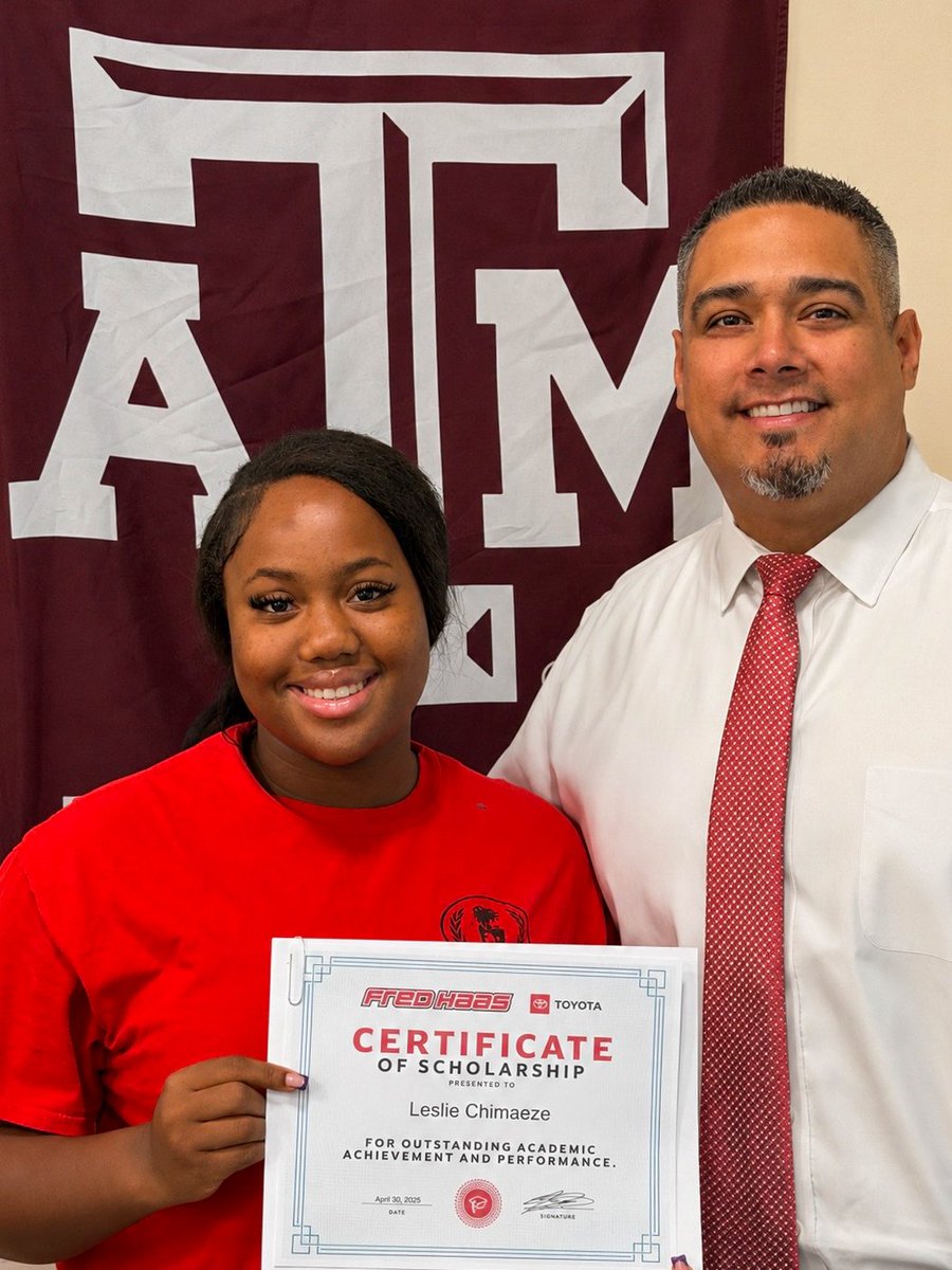 fredhaastoyota's tweet photo. 🎉 Congrats to Leslie Chimaeze from @cwhs_springisd Carl Wunsche Sr. High School!

She’s a Fred Haas Toyota Scholarship recipient for outstanding academics and is headed to @TAMU Texas A&amp;M University! 🎓🧡

Best of luck on this exciting journey. Gig ’Em! 👍🏼🚗🌟 https://t.co/1TxMfVi4LC