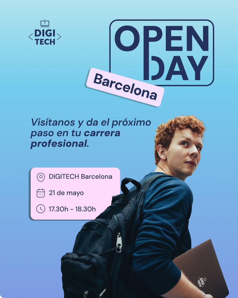 DigitechFP's tweet photo. La #FP especializada en tecnología te espera en el OPEN DAY de Digitech Barcelona el próximo jueves 21 de mayo. Si te gusta la #tecnología, da el siguiente paso en tu formación.

❗️Plazas limitadas❗️
 👉https://t.co/VLCRvdmRu1

#Digitechfp #FPinformática #DigitechBarcelona https://t.co/AkTc2pF154