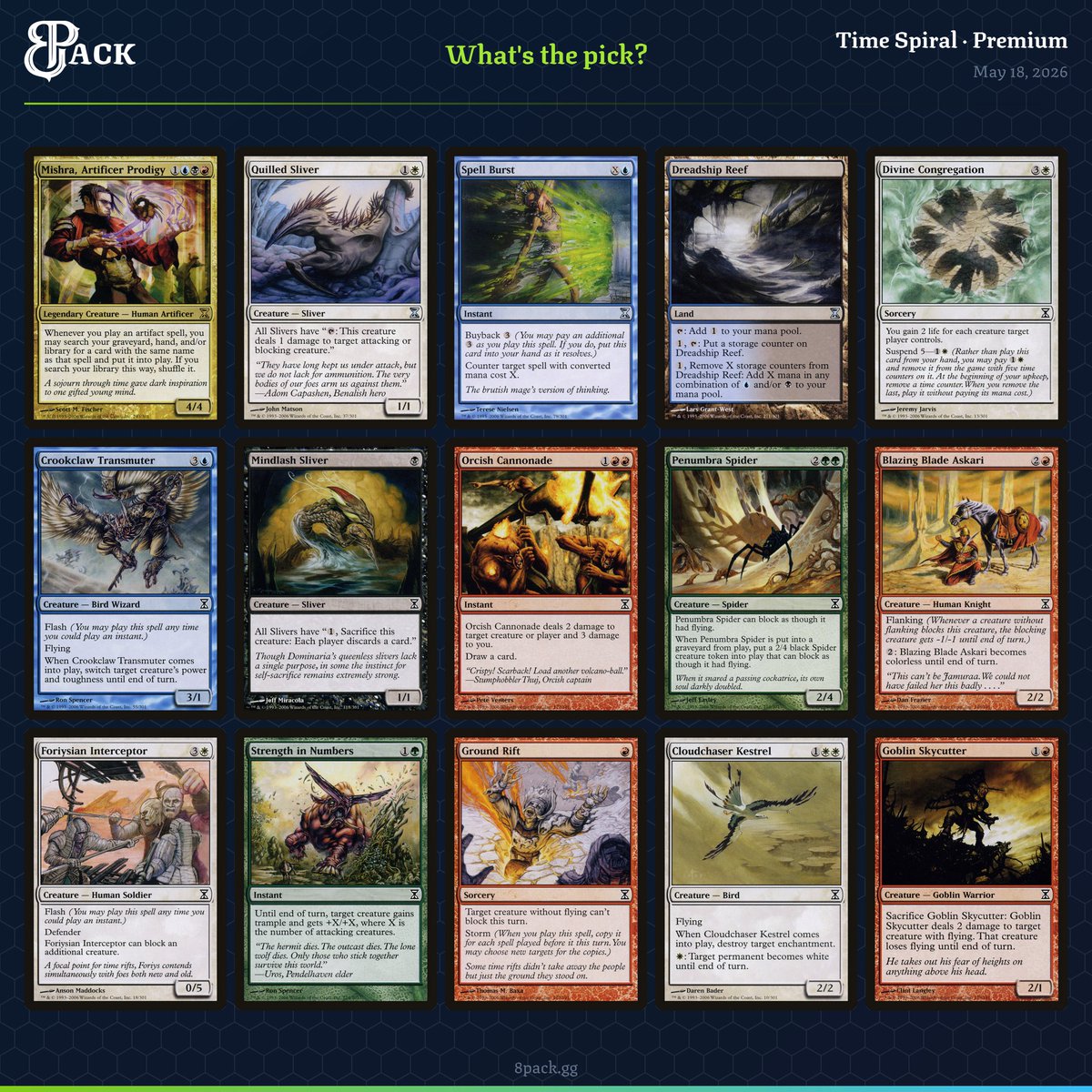 8Pack_gg's tweet photo. Suspend. Split second. Slivers. Storm.

Time Spiral Flashback Drafts are live all week long for All Access members on 8Pack.
https://t.co/wNEb7s8nBP
#mtg #magicthegathering #8pack #p1p1 https://t.co/cpz0JwTUAw