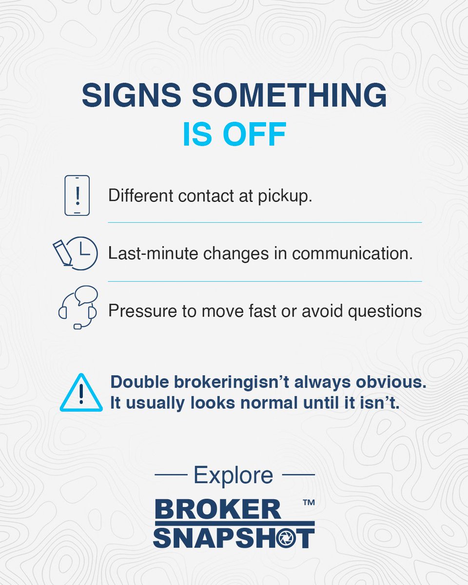 BrokerSnapshot's tweet photo. Double brokering rarely looks suspicious at first.

It looks like a normal booking… until it isn’t.

Know the signs before it costs you.

Explore BrokerSnapshot: https://t.co/RBqAiJlvzN

#FreightFraud #CarrierVetting #Logistics #BrokerSnapshot https://t.co/uRQz32Y2ts