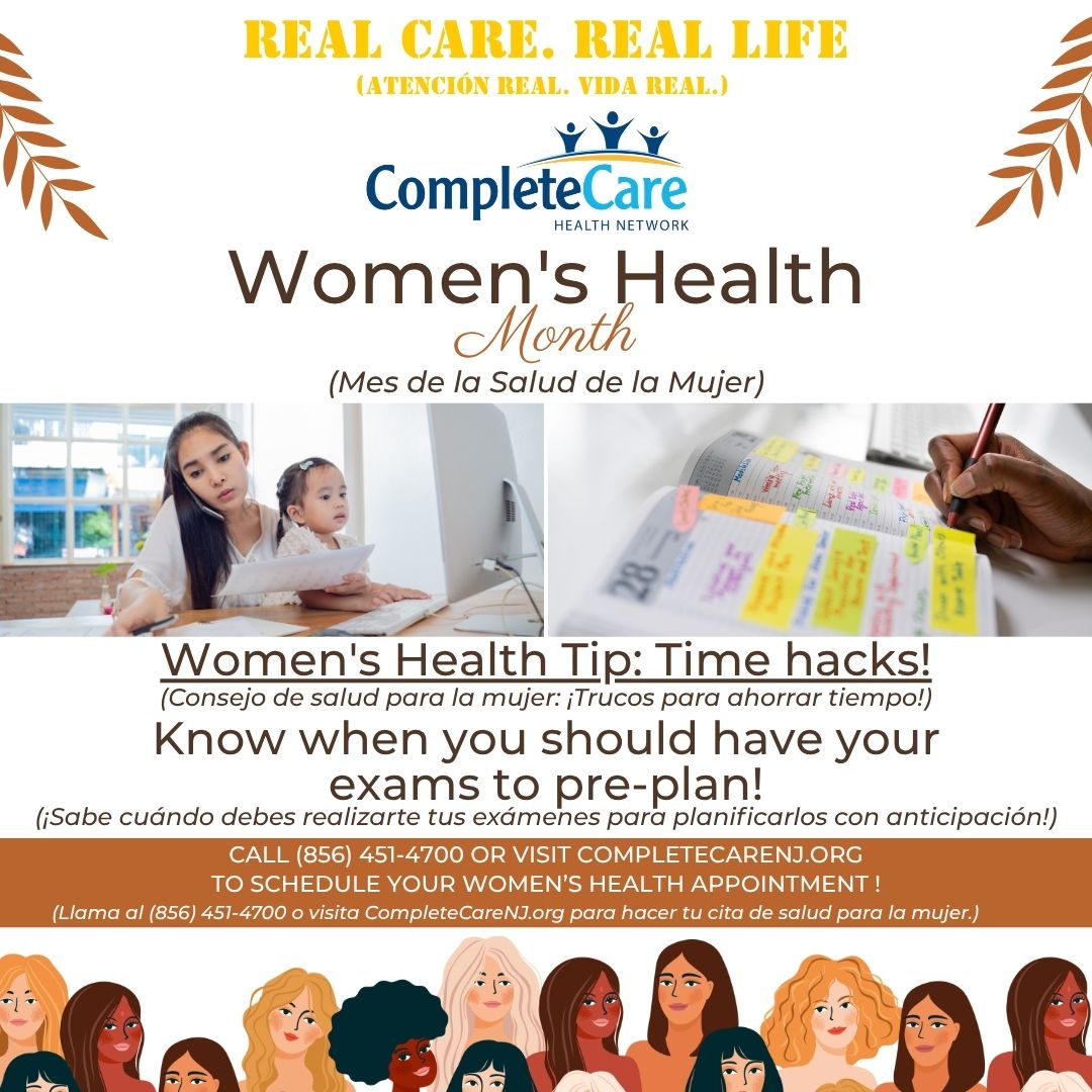 CompleteCareNJ's tweet photo. Consejo del Mes de la Salud de la Mujer: ¡Conoce tus exámenes de bienestar recomendados y planifica tus citas! Nuestro equipo te ayuda a crear un plan para tu ajetreada vida. Atención real para la vida real. 📞 (856) 451-4700 | https://t.co/a24WnjhJKe 

#CompleteCareNJ #Medicaid https://t.co/eGBLEmlezV