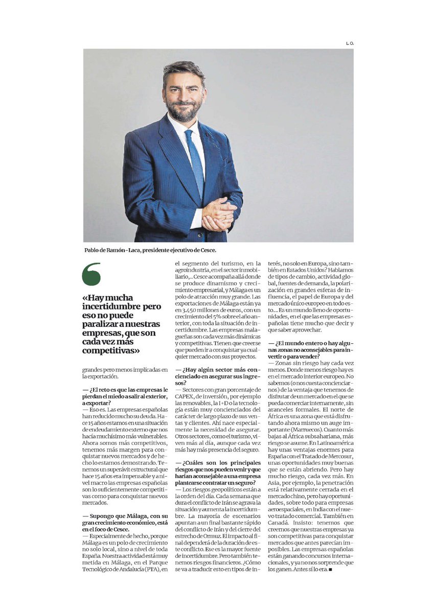 PabloLaca's tweet photo. Comparto la entrevista en la @opiniondemalaga en la que explico cómo @cesce_es acompaña a las empresas -desde grandes compañías hasta pymes- en su crecimiento dentro y fuera de nuestras fronteras, transformando los desafíos y la incertidumbre en oportunidades. https://t.co/0dt7BgfOeF