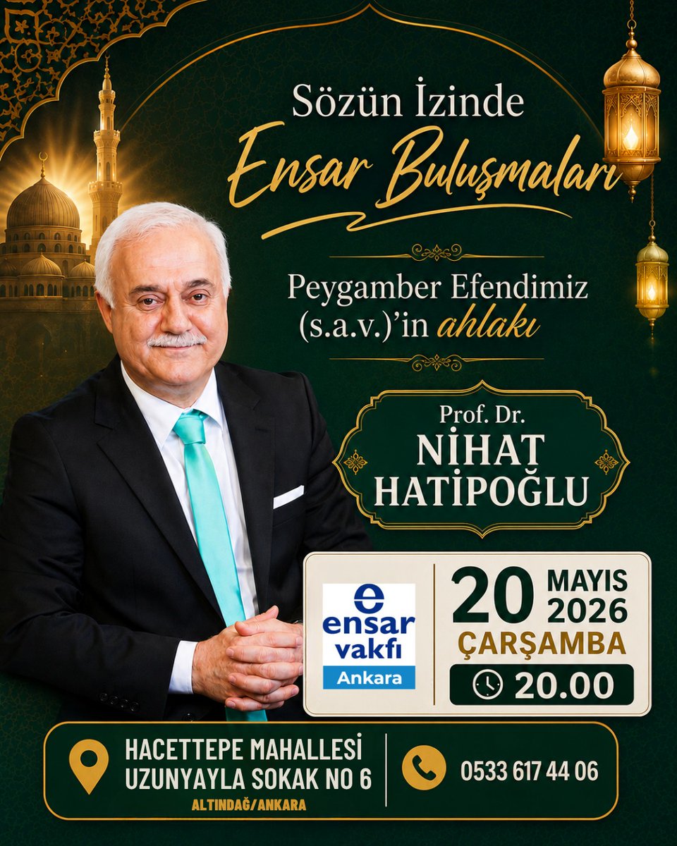 ensarankaraa's tweet photo. “Sözün İzinde Ensar Buluşmaları”nda bu ay Prof. Dr. Nihat Hatipoğlu’nu ağırlıyoruz.
“Peygamber Efendimiz (s.a.v.)’in Ahlakı” konulu sohbet programımıza tüm gönüldaşlarımız davetlidir.
Bayram Baş 
Ensar Vakfı Ankara Şube Başkanı https://t.co/YRKOXlXVrB