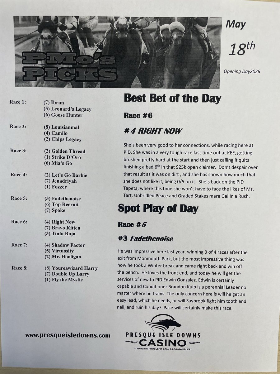 PMoPicks's tweet photo. We are back here @PID_Casino for opening day of racing.  Picks are now posted and listen in to @Steve_Byk for a preview of today!  @Hinesite @garypaljr @TwinSpires @PA_PHBA @PA_HBPA https://t.co/vJBUn2ZfUL