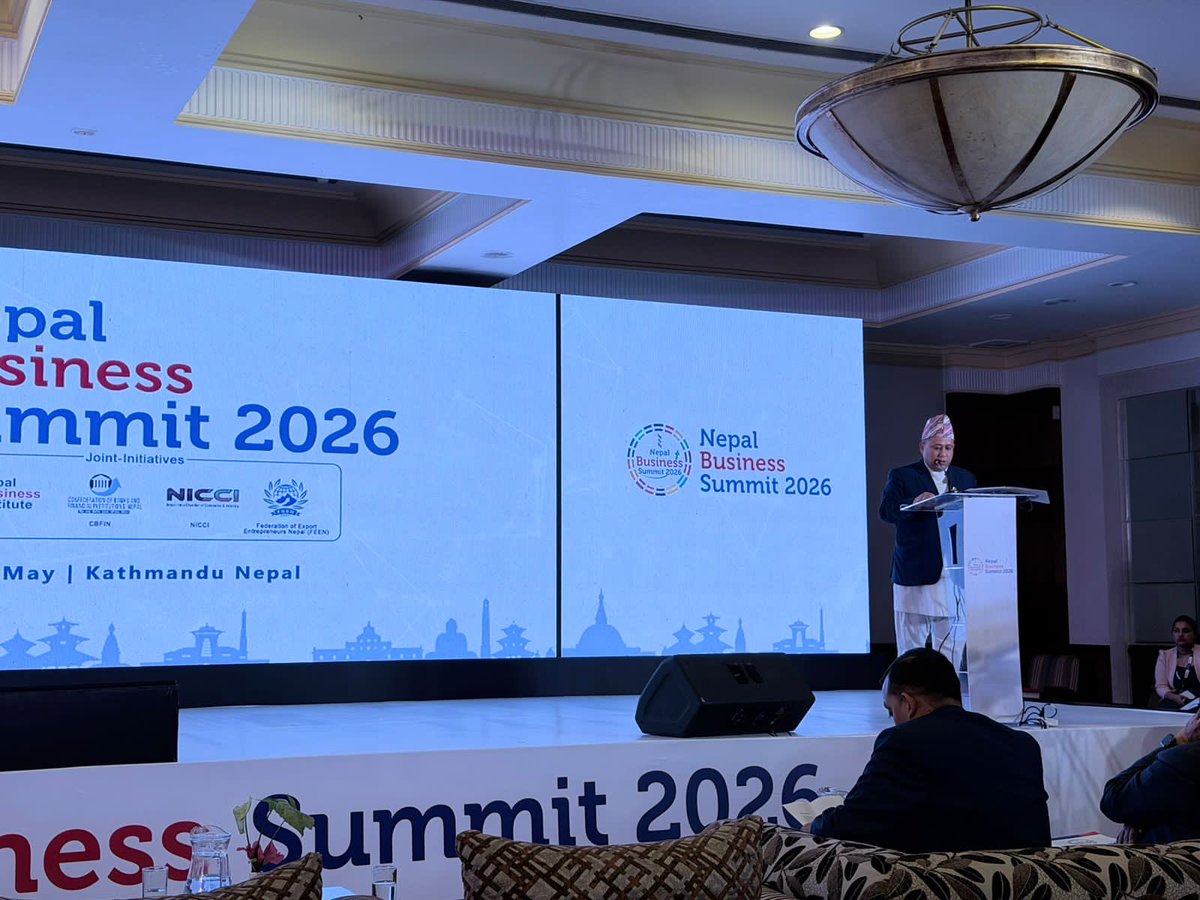 MofaNepal's tweet photo. Hon. Minister for Foreign Affairs Mr Shisir Khanal addressed the closing session of the Nepal Business Summit 2026 as Chief Guest today.

The Hon. Minister shared the Government’s vision for rapid and sustainable economic growth, driven by good governance, policy predictability and structural reforms.

Highlighting the growing importance of economic diplomacy, he underscored the Government’s commitment to promoting investment, fostering technology partnerships and strengthening stakeholder engagement to create a more conducive business environment.

The Summit brought together global investors, policymakers and business leaders, including representatives from NBI, NICCI, CBFIN and FEEN, to advance cross-border economic dialogue and cooperation.