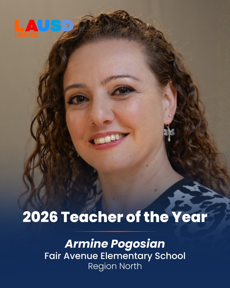 LAUSDHR's tweet photo. ✨2026 Teachers of the Year✨

Join us in honoring and recognizing Armine Pogosian from the Fair Avenue Elementary School as a Teacher of the Year honoree. 💙🍎

Thank you for all you do to encourage, support, and inspire others! 🏫 #TeacheroftheYear #LAUSD #InspiringGreatness https://t.co/utF5OkisBG