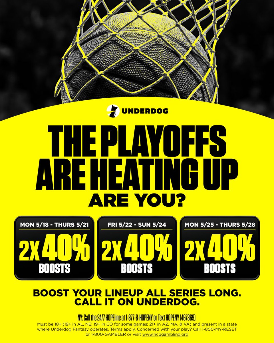 Underdog's tweet photo. We have SIX 40% BOOSTS dropping during the Conference Finals.

The first two just dropped 👀