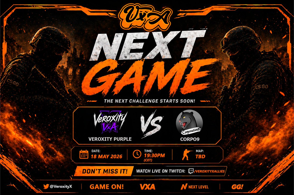 VeroxityX's tweet photo. 🚨 MATCH DAY IS HERE! 🚨

Our team is ready for the next VXA NEXT GAME showdown! 🔥
⚔️ Veroxity Purple vs Corpo9
📅 May 18, 2026
🕢 7:30 PM (CET)
🎮 MAP: TBD
We’re stepping into the server focused, confident, and ready to fight for the win 💜🖤

#Veroxity #VXA #CS2 #ESEA https://t.co/ScY1SzXyzQ
