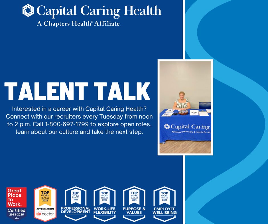 CapitalCaring's tweet photo. If you're interested in a career with a Top Workplace, join us tomorrow for Talent Talk! Give us a call anytime between noon and 2pm to connect directly with our team, ask questions and explore how you can grow your career with us.

#HospiceCareers #HealthcareOpportunities https://t.co/avfM04LabT
