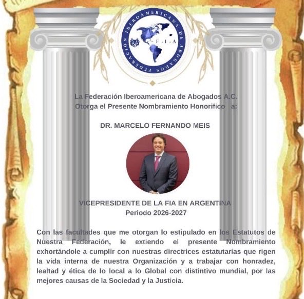 abogadosxarg's tweet photo. Felicitamos al Dr. Marcelo Fernando Meis, miembro de Abogados por Argentina, por su nombramiento como Vicepresidente de la Federación Iberoamericana de Abogados en Argentina para el período 2026-2027 🇦🇷⚖️

Este reconocimiento refleja una trayectoria comprometida con el fortalecimiento institucional, la defensa del Estado de Derecho y el ejercicio ético de la abogacía.

Desde AxA celebramos este nuevo desafío y acompañamos con orgullo su compromiso de seguir trabajando por una justicia más sólida, moderna y cercana a la sociedad.