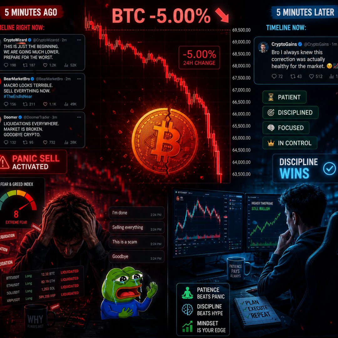 mdflorio's tweet photo. BTC drops 5% and suddenly everyone on the timeline becomes a full-time macro expert.
Then 5 minutes later: “Bro, this correction was actually healthy for the market.”

Crypto exposes emotions faster than charts do. Panic selling, revenge trading, doom posting, it’s all mindset. The traders who survive aren’t always the smartest, they’re the calmest.

Patience beats panic. Discipline beats hype.
In crypto, your psychology is either your biggest weapon or your fastest liquidation.