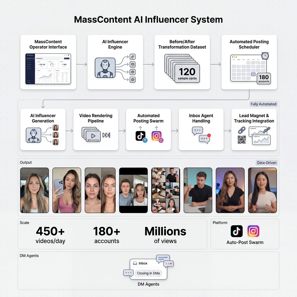 SarahHudss's tweet photo. MassContent Operator spun the AI influencer.  

Trained on 120 niche before+after transformations.  

Workflow posts 450+ vids/day across 180 accounts.  

Inbox agents, lead magnets, tracking links running nonstop.  

Before → after → millions of views.  

like, rt & comment "MASS" i’ll send you the tech stack