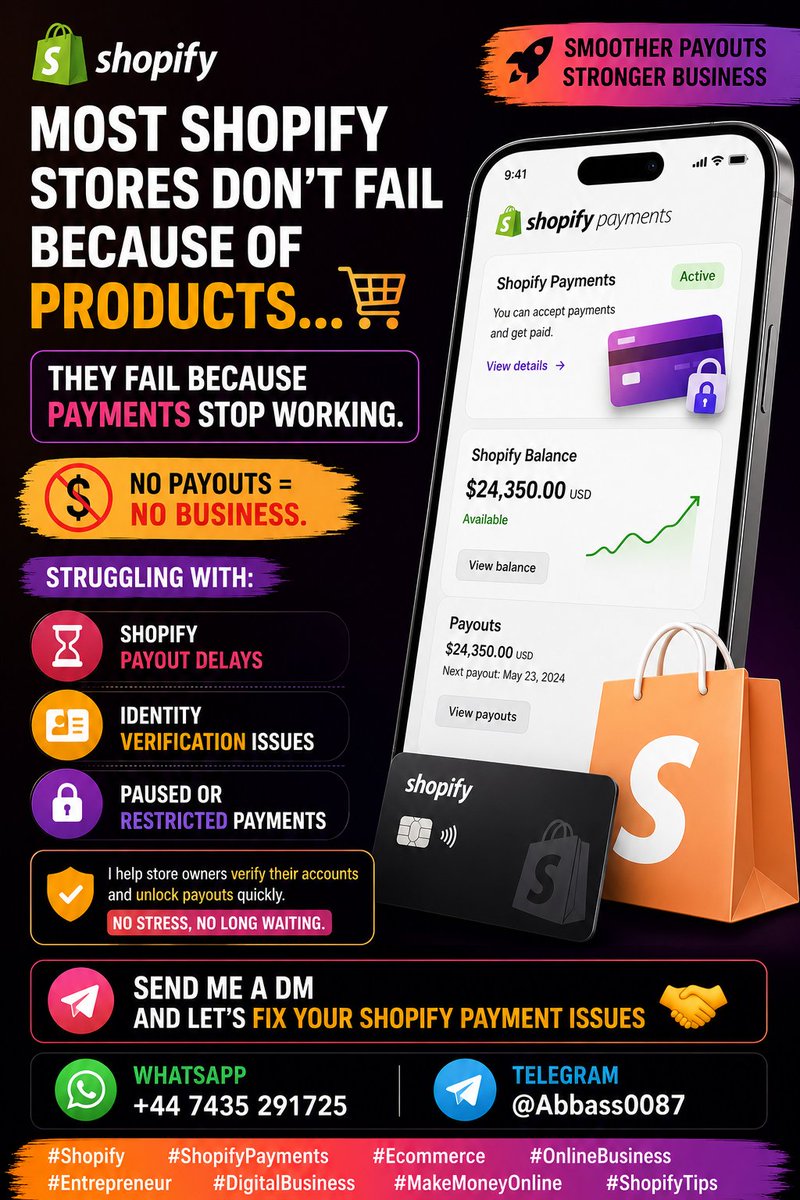 EasyySolution's tweet photo. Still struggling with Shopify payouts? 💳

Wrong setup = delays, holds &amp; payment issues.

Get Shopify Payments &amp; Balance set up the right way. 🚀

📩 DM “SHOPIFY”
💌 Telegram: @Abbass0087

#Shopify #ShopifyPayments #Ecommerce #OnlineBusiness https://t.co/wpYmiwwNA7
